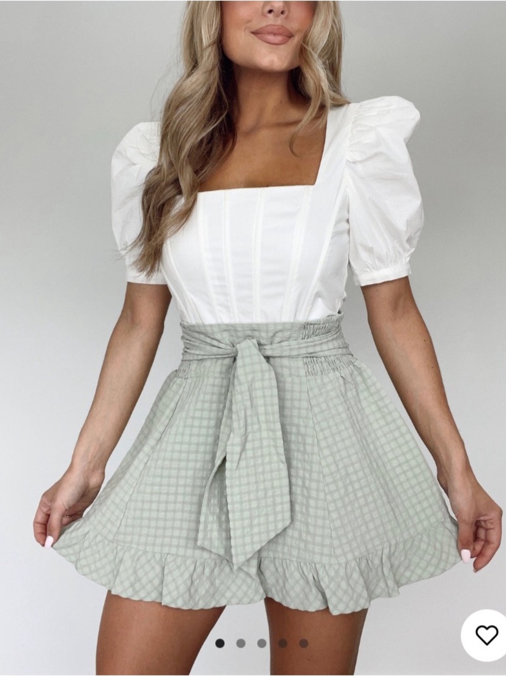 Lane 201 High-Waist Sage Gingham Ruffle Skirt with Tie